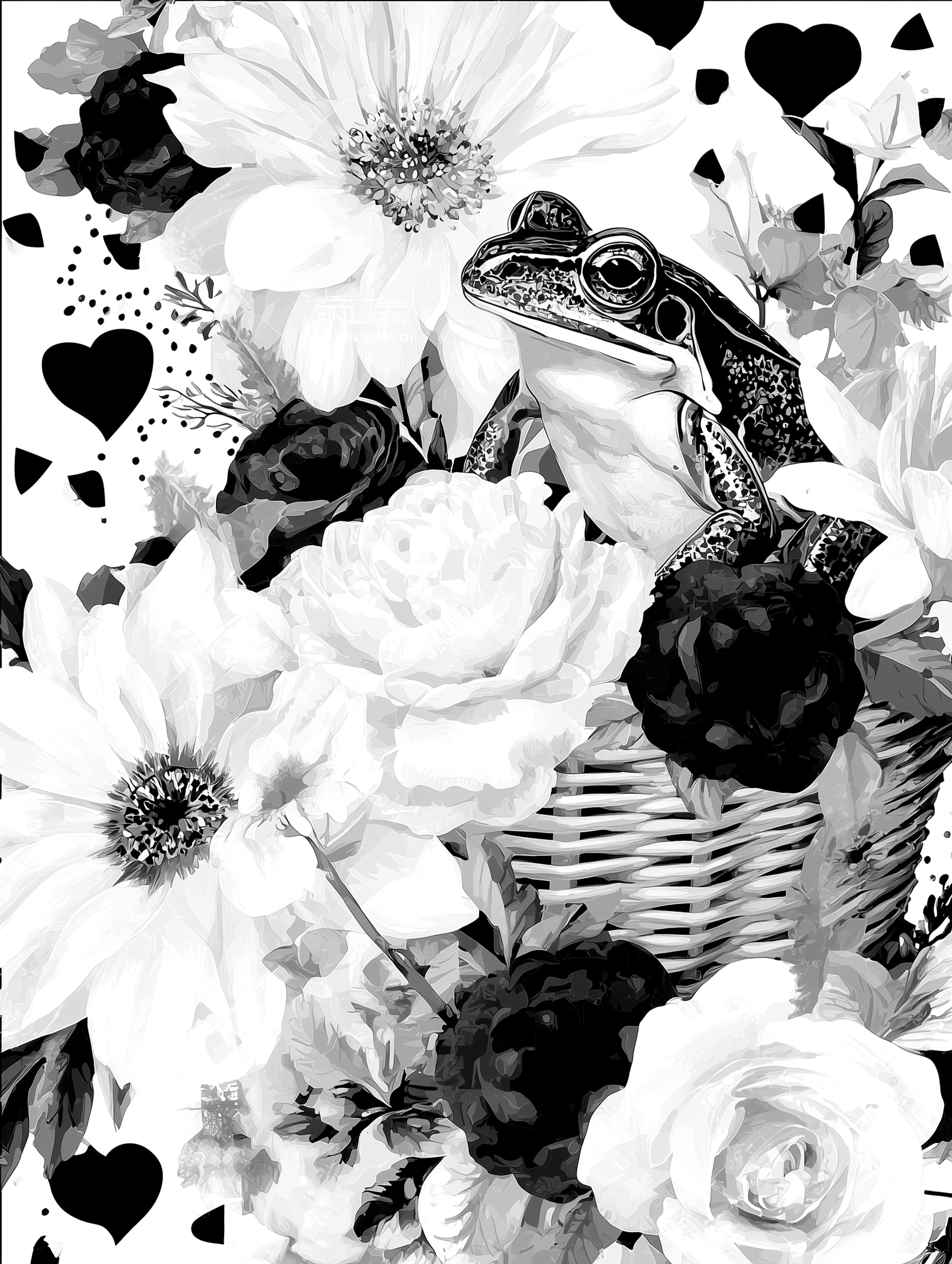 Free printable frog coloring page for adults featuring a frog in a basket